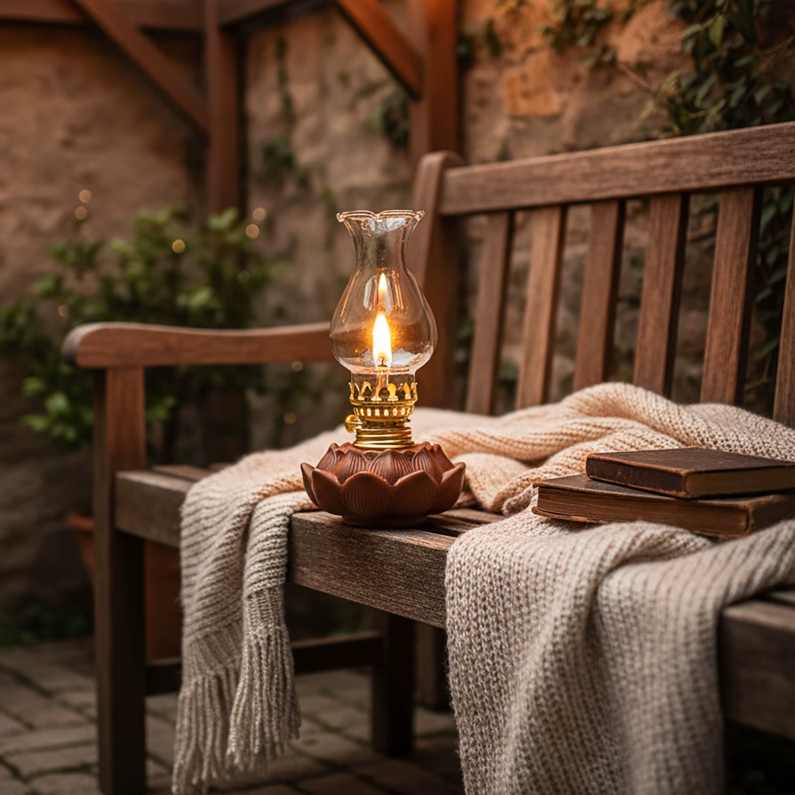 Lampe à huile vintage en céramique Lotus, coupe-vent, avec abat-jour en verre, mèche réglable, éclairage intérieur et extérieur pour le camping