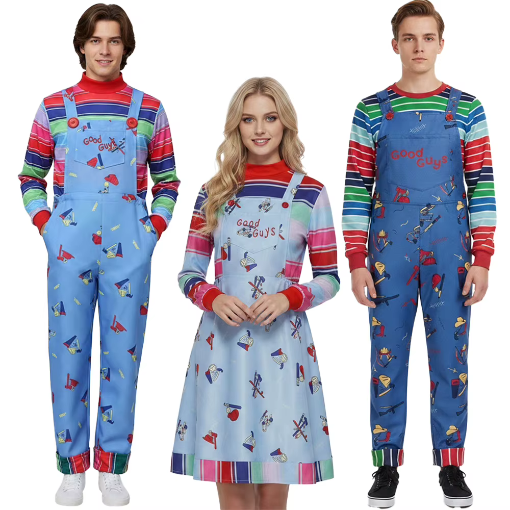 Costume de poupée d'horreur pour adultes, haut rayé coloré, salopette, robe, tenue rétro à thème de jouet effrayant pour fête d'Halloween