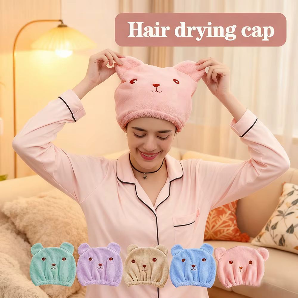 Bonnet pour cheveux secs pour femmes – Microfibre épaisse douce et absorbante, légère, à séchage rapide, broderie d'ours mignon, serviette de pomme de douche