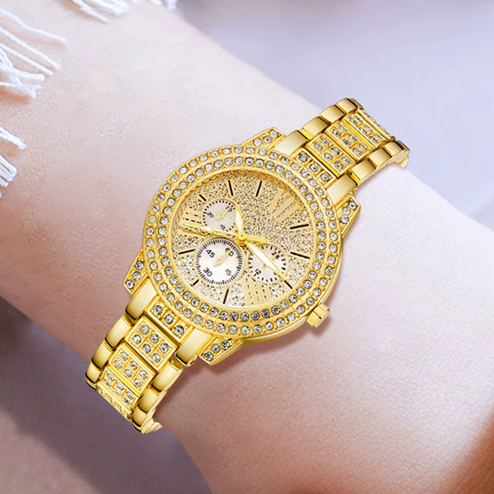 Montre à Quartz pour femmes or luxe femmes bague collier boucle d'oreille strass mode montre-bracelet décontracté dames montres ensemble de bijoux 