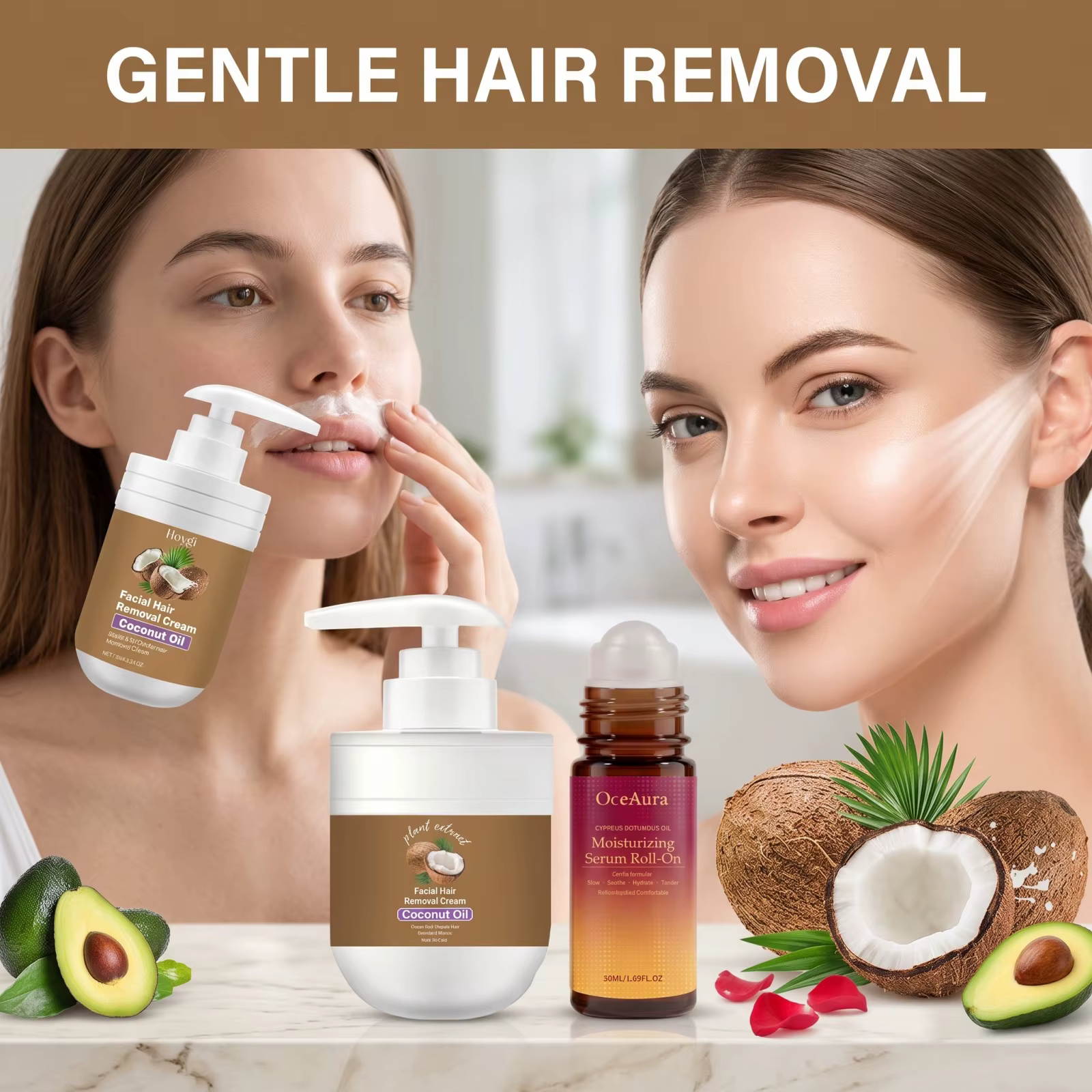 Crème dépilatoire visage et huile roll-on après-épilation – Formule douce à la noix de coco pour une peau lisse et
