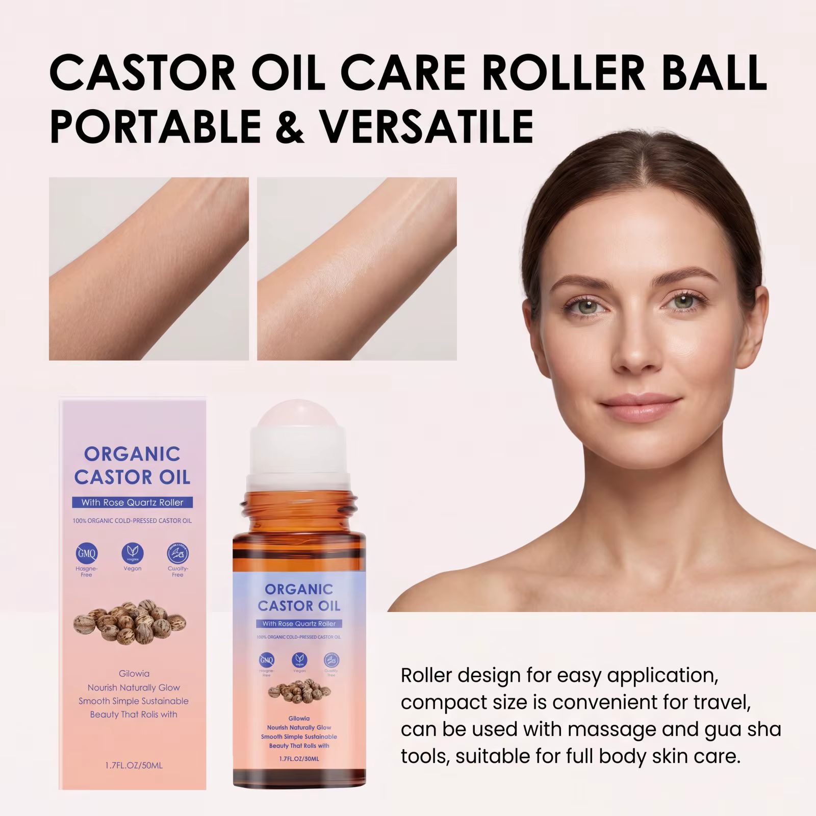 Huile de ricin biologique avec rouleau en quartz rose pour le soin du visage et du corps
