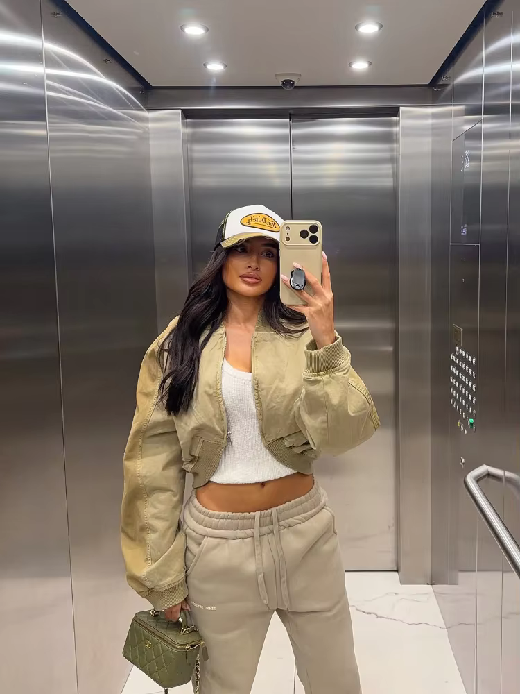 Blousons Bomber Courts Kaki pour Femme, Col Revers, Fermeture Éclair Intégrale, Détails Poches, Manches Longues, Style Streetwear Décontracté Y2K
