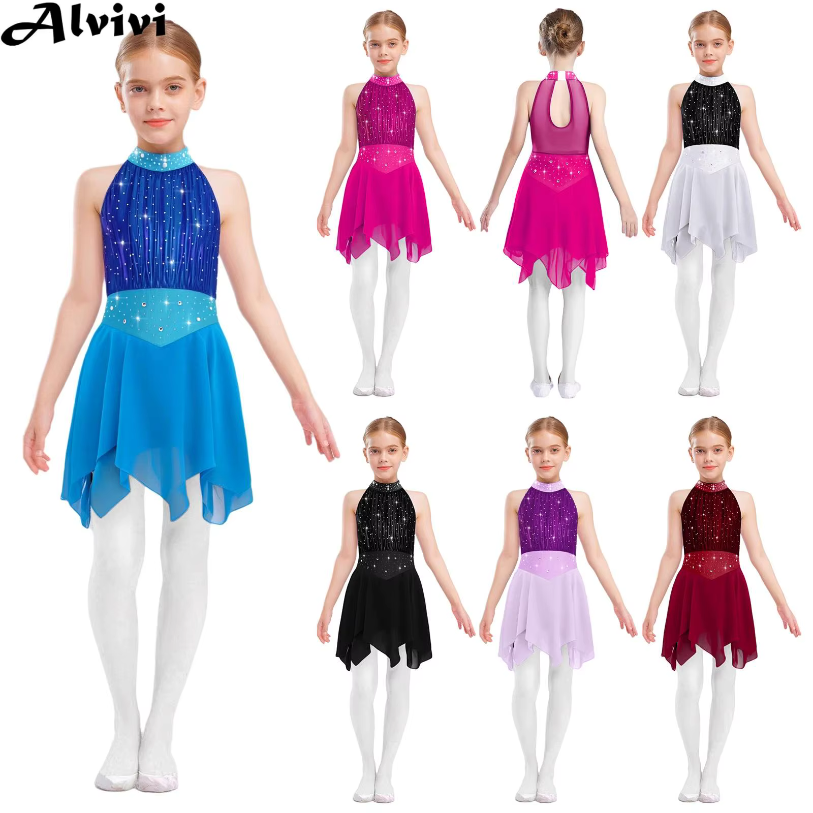 Robe de gymnastique pour adolescentes, patinage artistique, danse lyrique, sans manches, strass brillants, maille transparente, ourlet en mousseline de soie, robes justaucorps