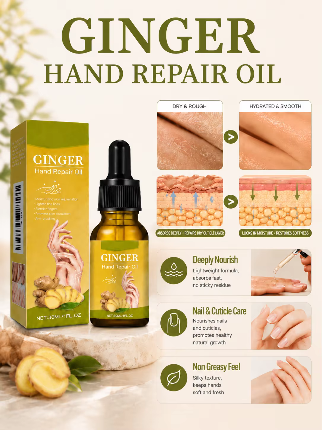 Huile essentielle pour les soins des mains, hydrate en douceur la peau, réduit les ridules et retient profondément l'humidité