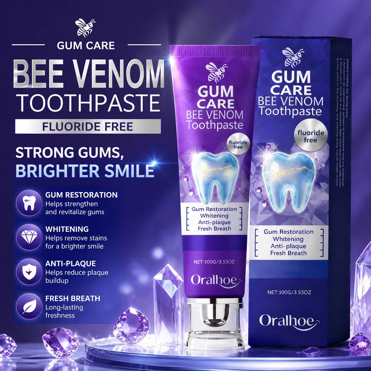 Dentifrice au venin d'abeille pour les soins des gencives, blanchissant, anti-plaque, haleine fraîche, protection de l'émail, soins bucco-dentaires quotidiens