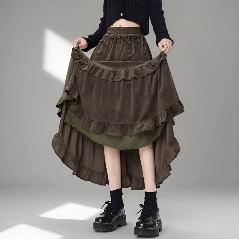 Jupe évasée mi-longue en velours doublée polaire, taille haute, épaissie, style parapluie, tendance automne-hiver, couleur unie, en polyester