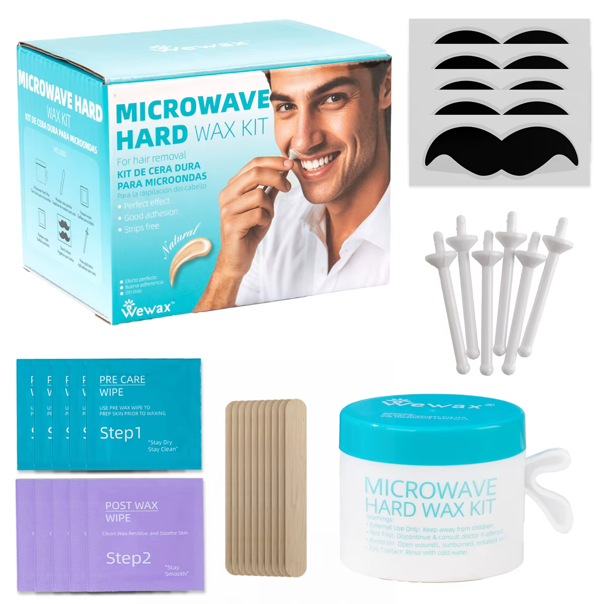 Ensemble de cire dépilatoire pour hommes, 36 pièces, chauffage au micro-ondes, accessoires complets pratiques pour l'épilation des oreilles, du nez et des doigts
