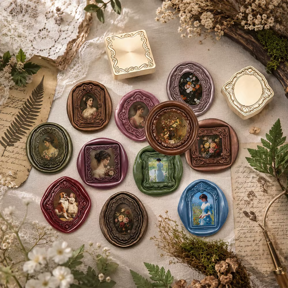 Kit de sceau de cire vintage avec cadre en laiton 3D en relief et manche en bois pour invitations DIY, enveloppes et scellage de colis cadeaux