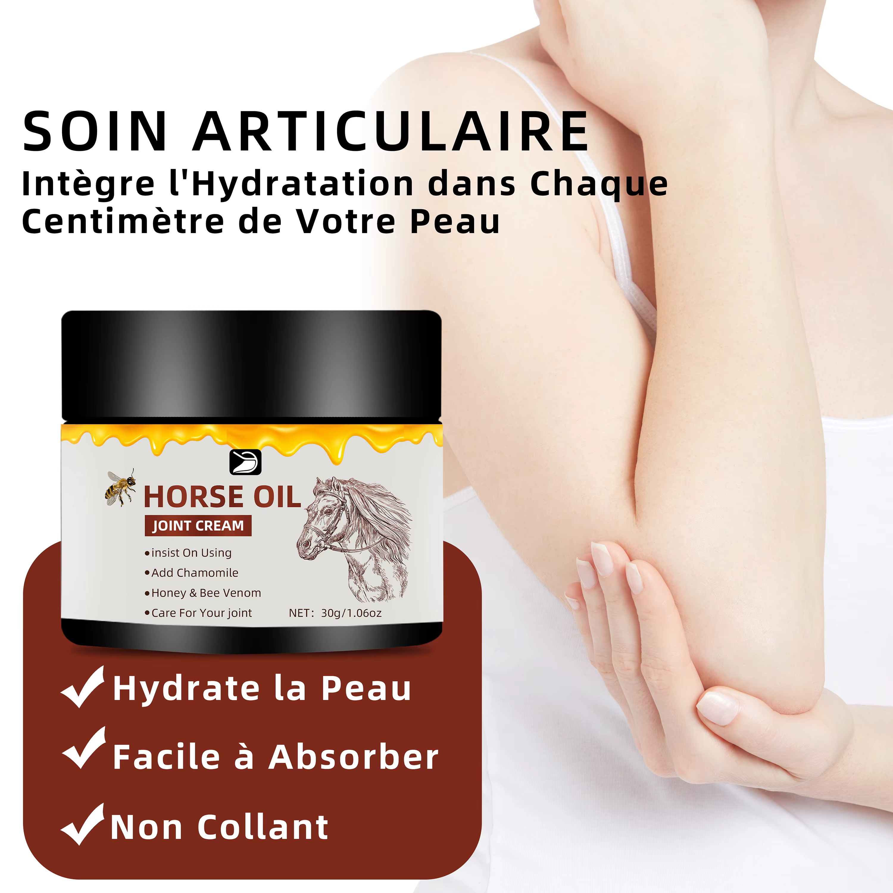 Crème aux Huiles de Cheval pour Articulations - Hydratante à Absorption Rapide, Non Grasse. Pour Coudes, Genoux et Corps. Sans Parfum, Tous Types de Peau. 30g/50g