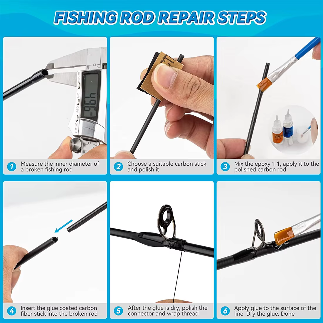 FishTrip – Kit de bâtons de pêche en Fiber de carbone, pour la réparation de canne à pêche cassée, haute résistance 1mm ~ 10mm x 10cm