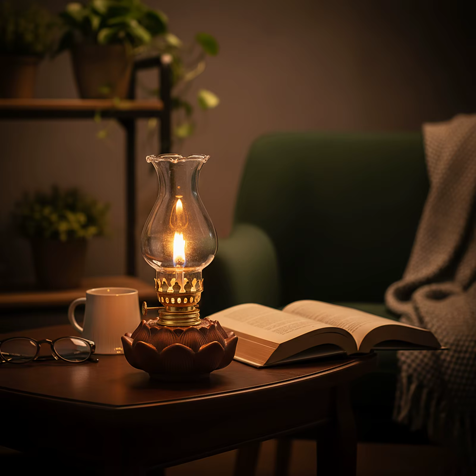 Lampe à huile vintage en céramique Lotus, coupe-vent, avec abat-jour en verre, mèche réglable, éclairage intérieur et extérieur pour le camping