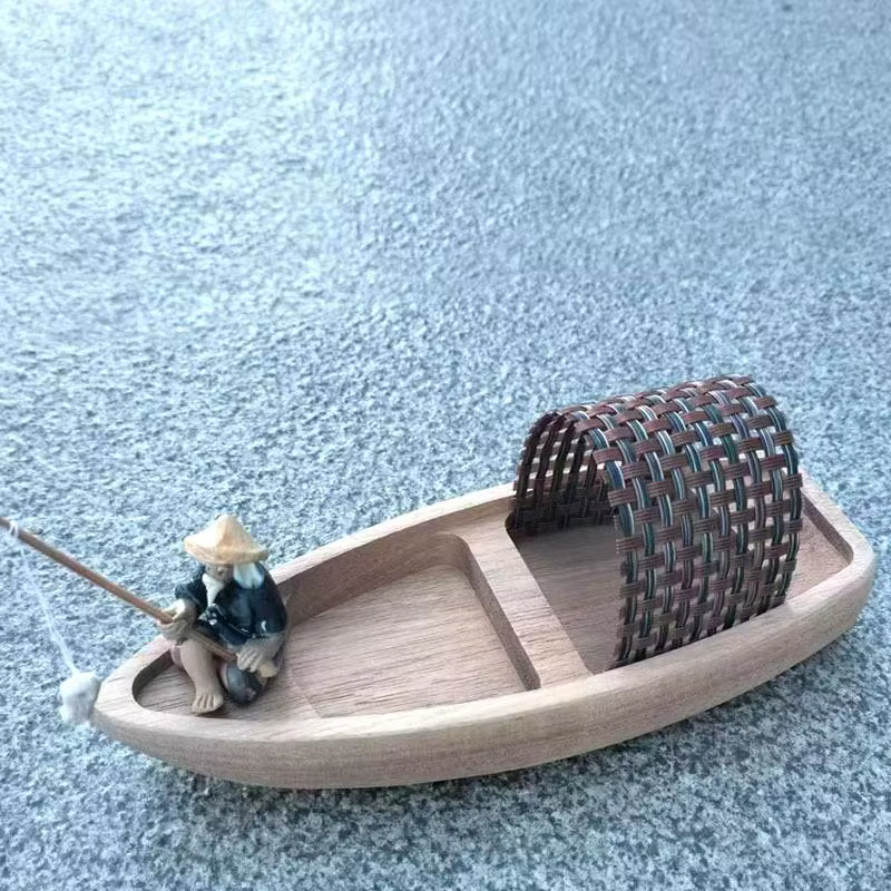 Modèle de canoë miniature en bois, bateau de pêche vintage, décoration artisanale rustique pour le bureau, la réception, la maison