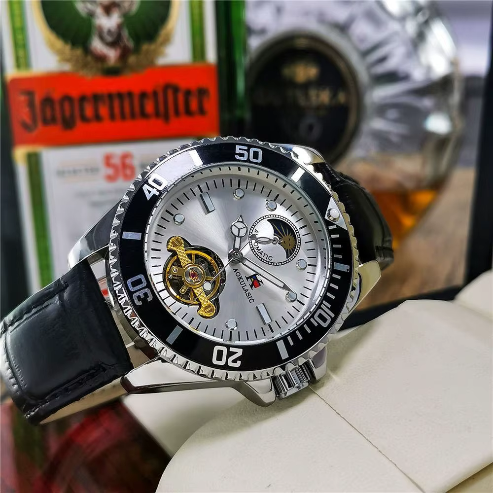 Montre mécanique pour hommes de la série Luxe, remontage automatique, design squelette, cadran rond, bracelet en cuir, mode haut de gamme, décontractée, montre polyvalente pour hommes, le meilleur cad