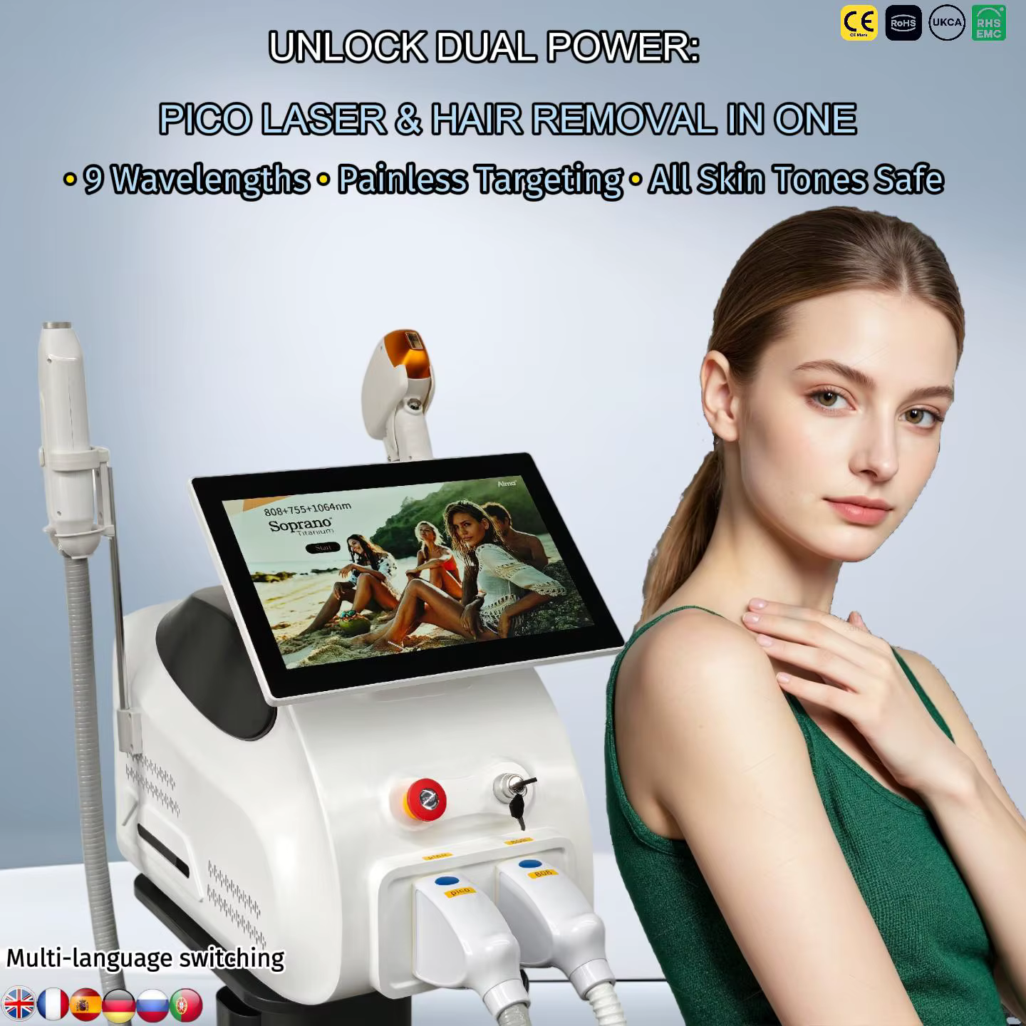 Machine laser diode Soprano Titanium Ice Platinum 2-en-1 755/808/1064nm 4 longueurs d'onde Épilation indolore 4000W