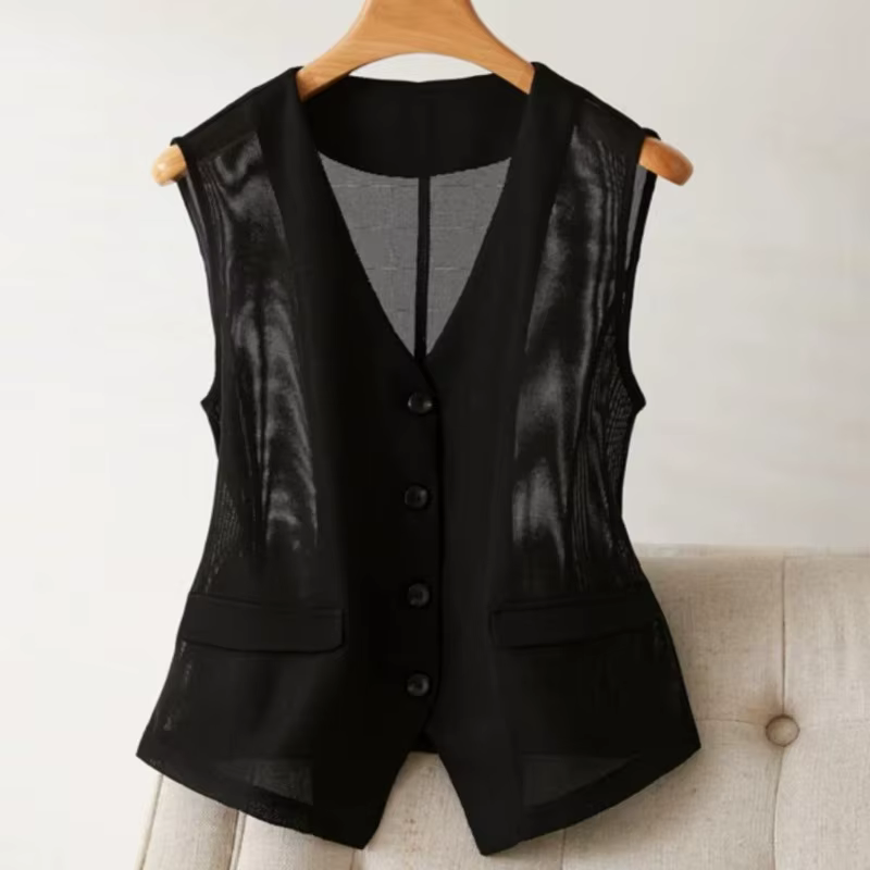 2026 Vêtements Femme Été Débardeur Court en Gaze Transparente Col en V Sans Manches Tendance Chalecos Para Mujer