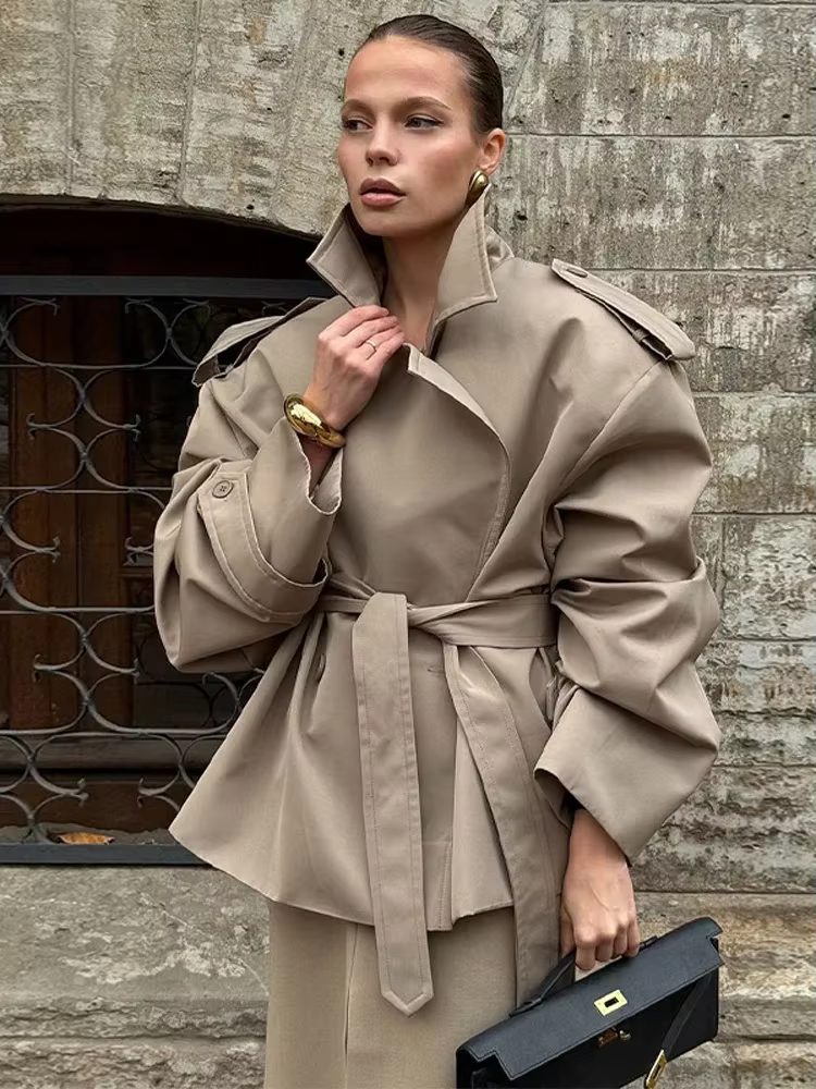 Dame couleur unie à lacets veste élégant Chic à manches longues revers bouton manteau ample automne Style de rue nouvelle veste d'extérieur 2025