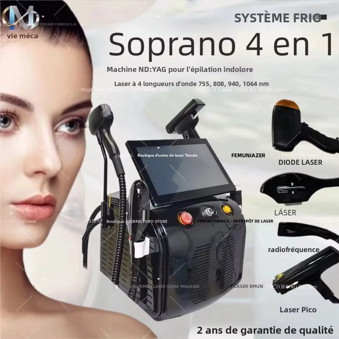 2026 4-en-1 Soprano 755/808/940/1064nm 4 Ondes Laser Glace Titane pour Épilation Dernière Technologie FAC ND:YAG+RF+IPL Indolore