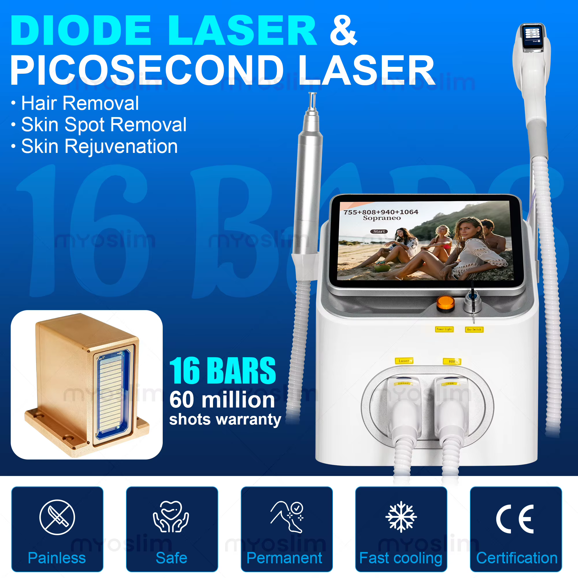 Appareil d'épilation et de détatouage professionnel Picotech 2 en 1 à diode soprano